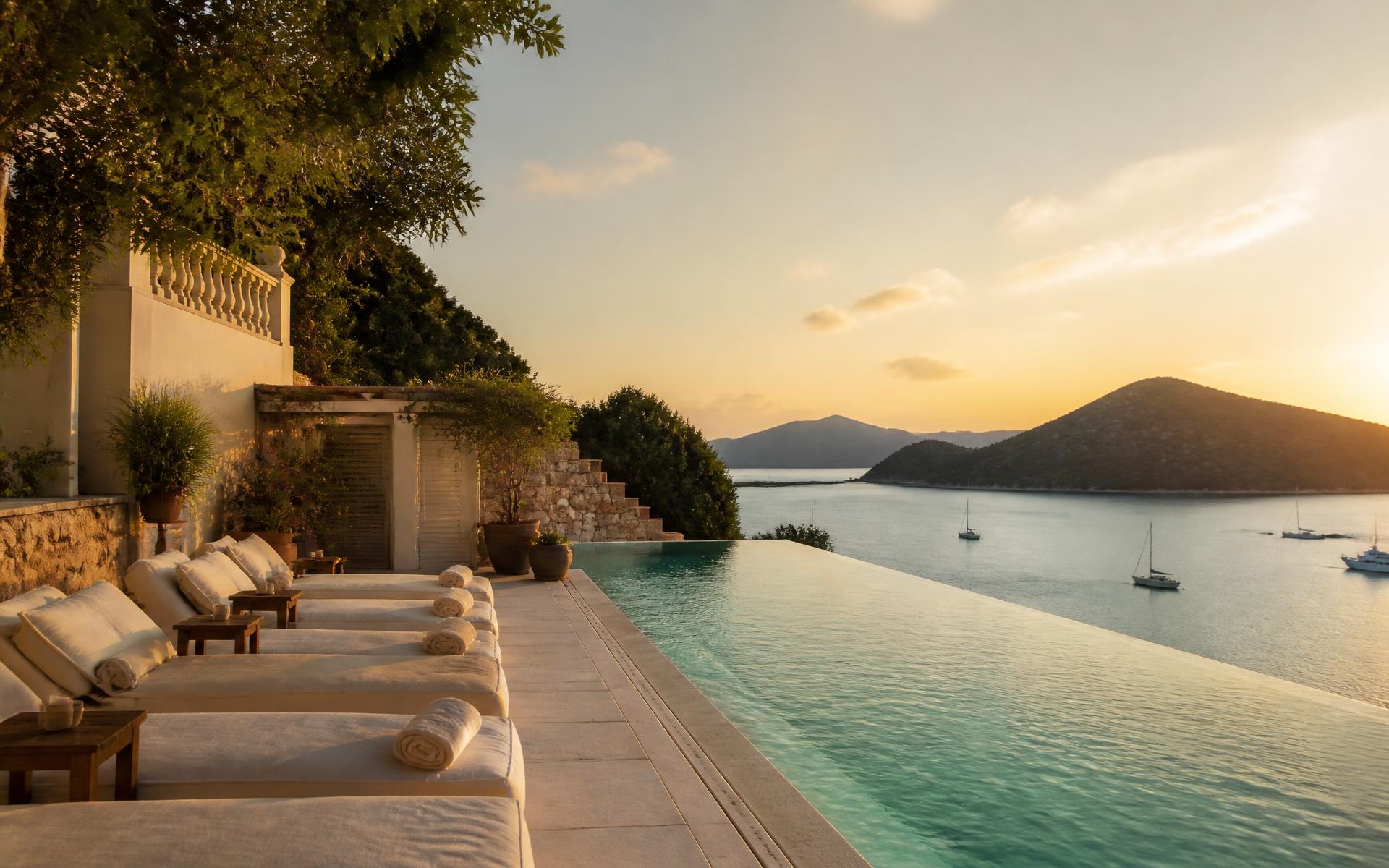 Quiet infinity pool overlooking a calm bay at golden hour